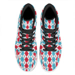 Red And Blue Argyle Pattern Print High Top Leather Sneakers