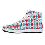 Red And Blue Argyle Pattern Print High Top Leather Sneakers