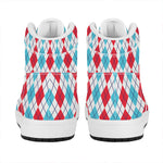Red And Blue Argyle Pattern Print High Top Leather Sneakers