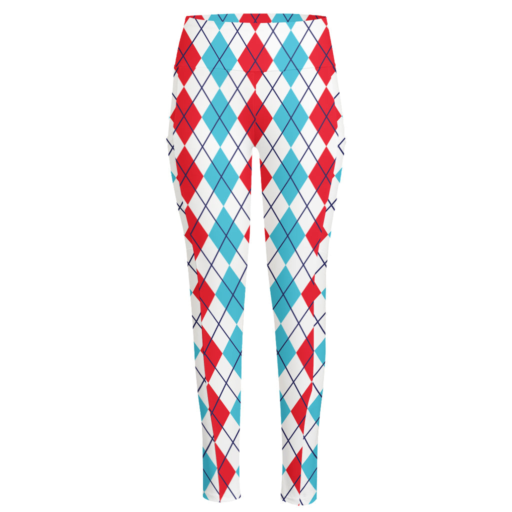 Red And Blue Argyle Pattern Print High-Waisted Pocket Leggings