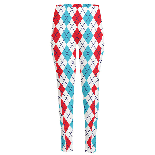 Red And Blue Argyle Pattern Print High-Waisted Pocket Leggings