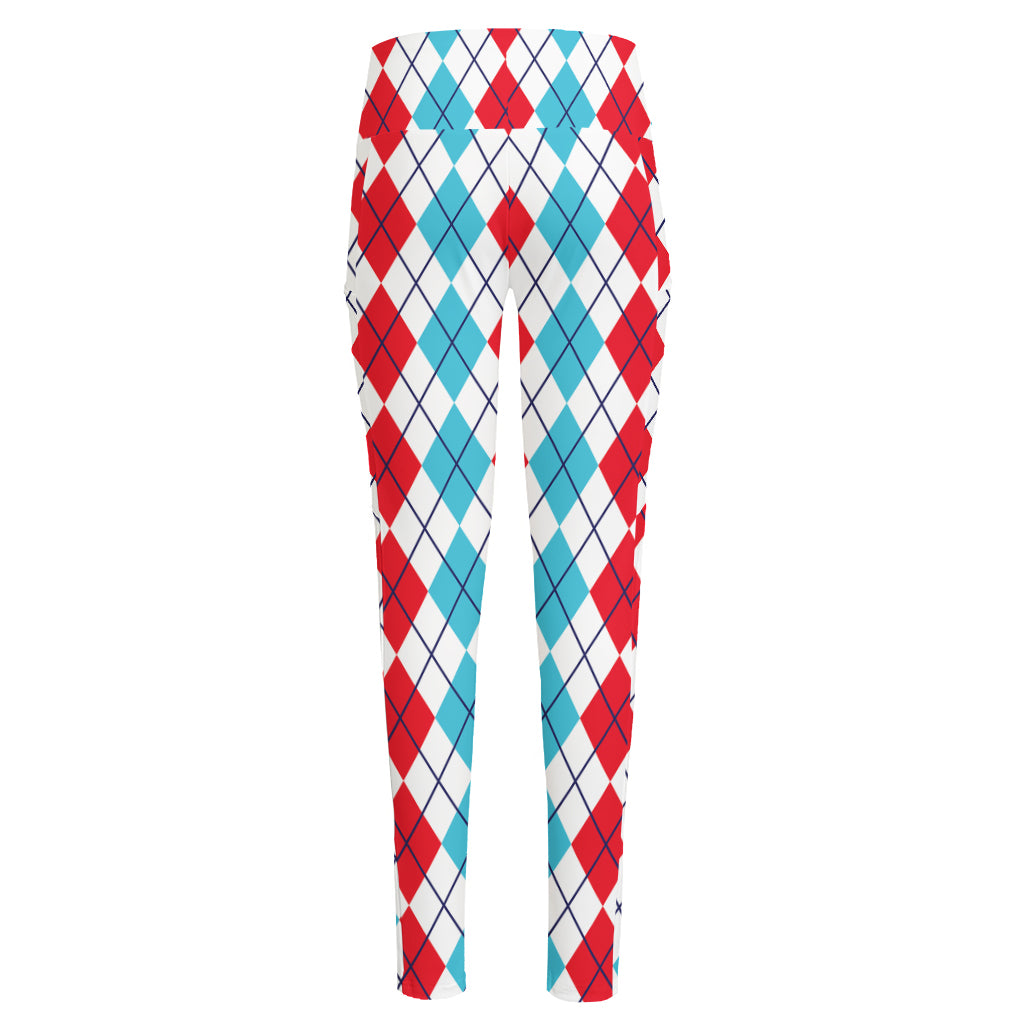 Red And Blue Argyle Pattern Print High-Waisted Pocket Leggings