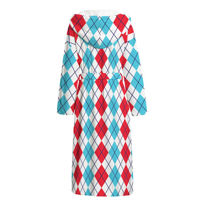 Red And Blue Argyle Pattern Print Hooded Bathrobe