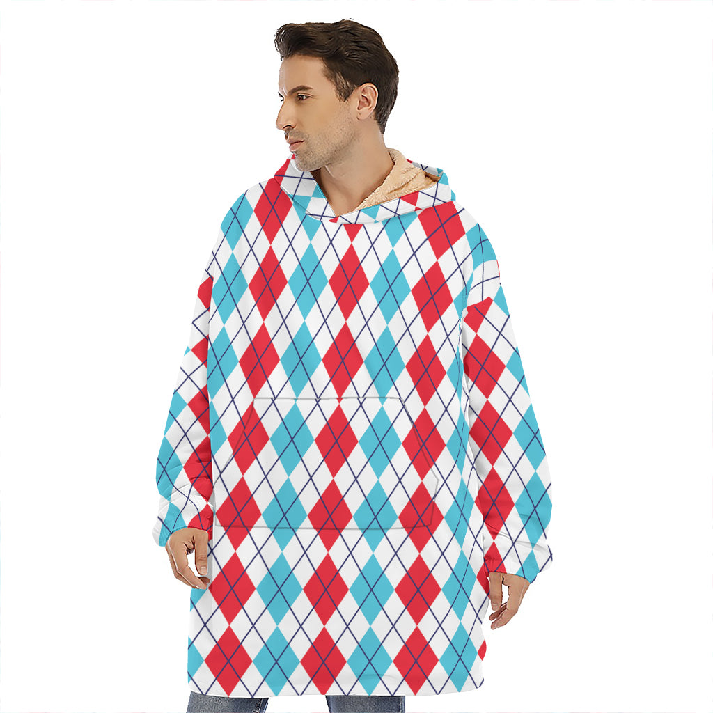 Red And Blue Argyle Pattern Print Hoodie Blanket