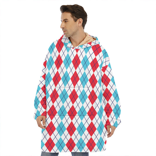 Red And Blue Argyle Pattern Print Hoodie Blanket