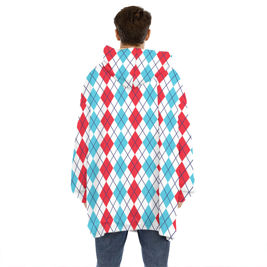 Red And Blue Argyle Pattern Print Hoodie Blanket