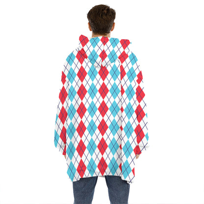 Red And Blue Argyle Pattern Print Hoodie Blanket