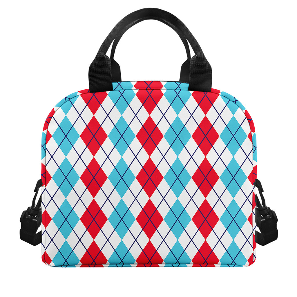 Red And Blue Argyle Pattern Print Insulated Lunch Bag