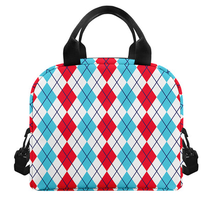 Red And Blue Argyle Pattern Print Insulated Lunch Bag