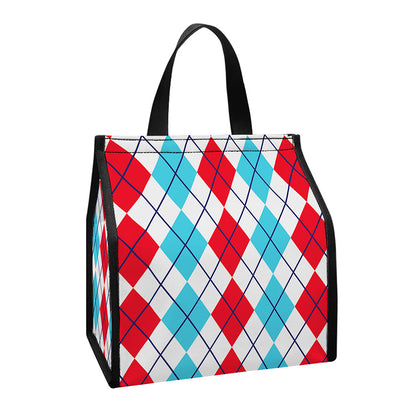 Red And Blue Argyle Pattern Print Insulated Lunch Tote