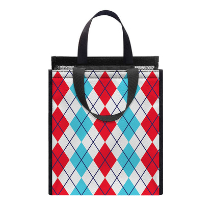 Red And Blue Argyle Pattern Print Insulated Lunch Tote