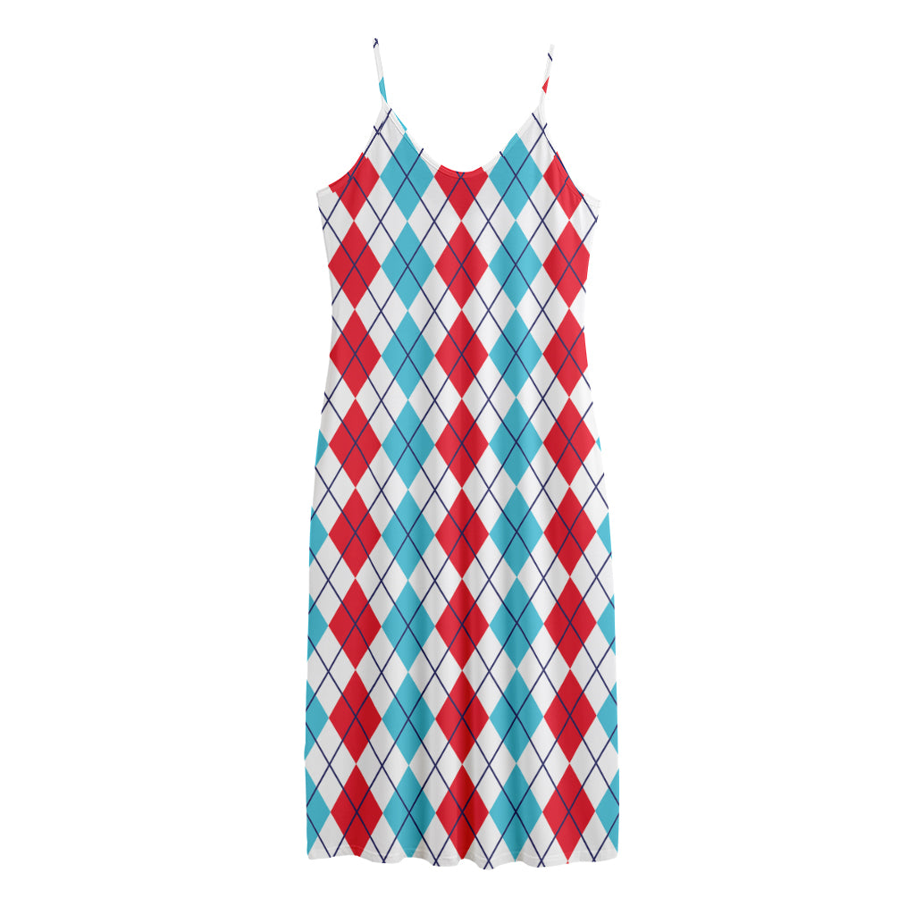 Red And Blue Argyle Pattern Print Jersey Midi Cami Dress
