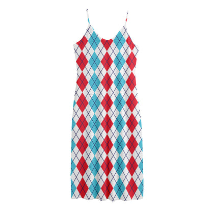 Red And Blue Argyle Pattern Print Jersey Midi Cami Dress