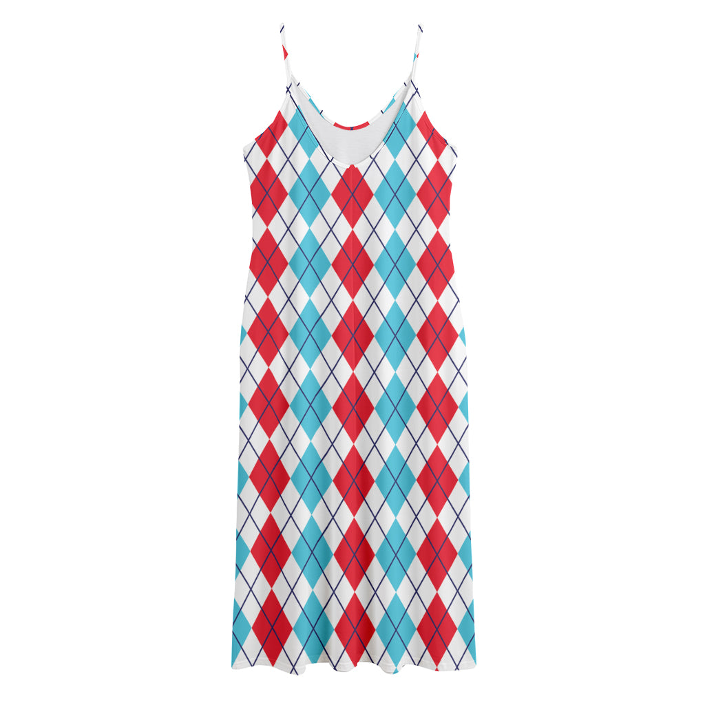 Red And Blue Argyle Pattern Print Jersey Midi Cami Dress