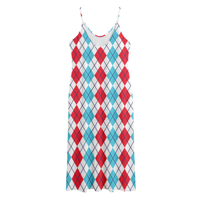 Red And Blue Argyle Pattern Print Jersey Midi Cami Dress