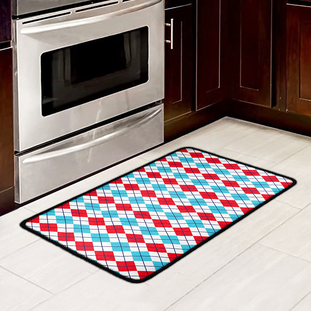 Red And Blue Argyle Pattern Print Kitchen Mat