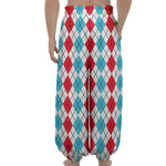 Red And Blue Argyle Pattern Print Lantern Pants