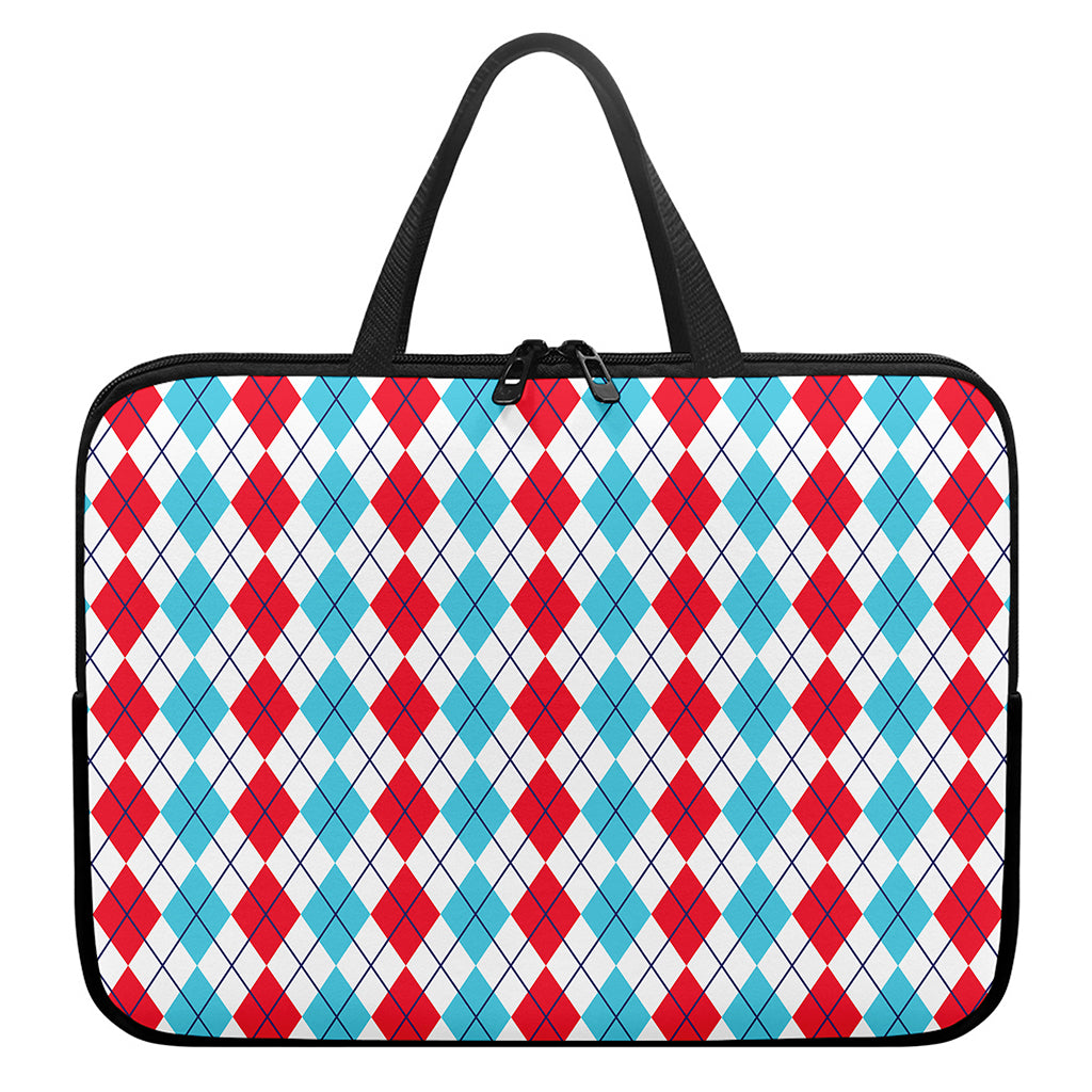 Red And Blue Argyle Pattern Print Laptop Sleeve With Handle