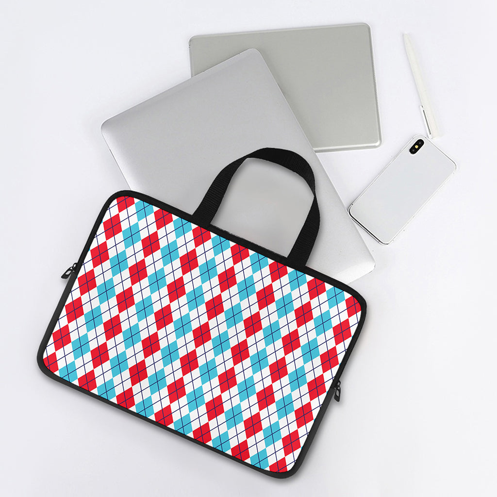 Red And Blue Argyle Pattern Print Laptop Sleeve With Handle