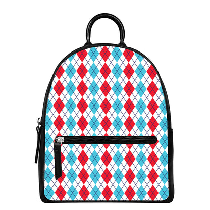 Red And Blue Argyle Pattern Print Leather Backpack