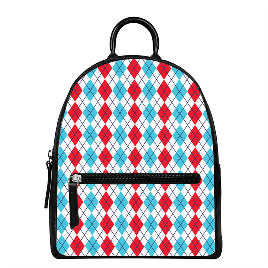 Red And Blue Argyle Pattern Print Leather Backpack