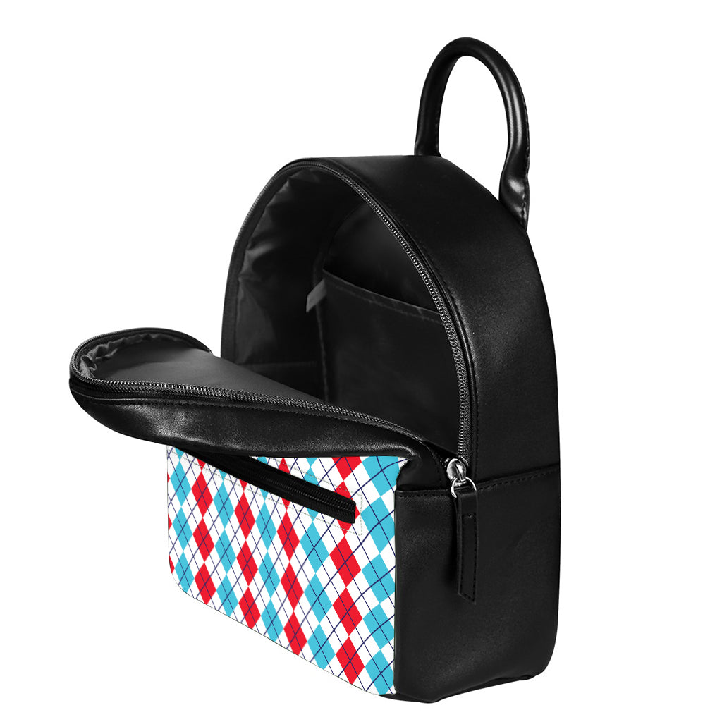 Red And Blue Argyle Pattern Print Leather Backpack