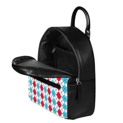 Red And Blue Argyle Pattern Print Leather Backpack