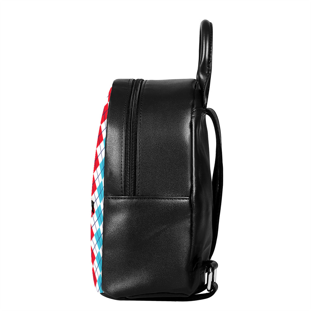 Red And Blue Argyle Pattern Print Leather Backpack