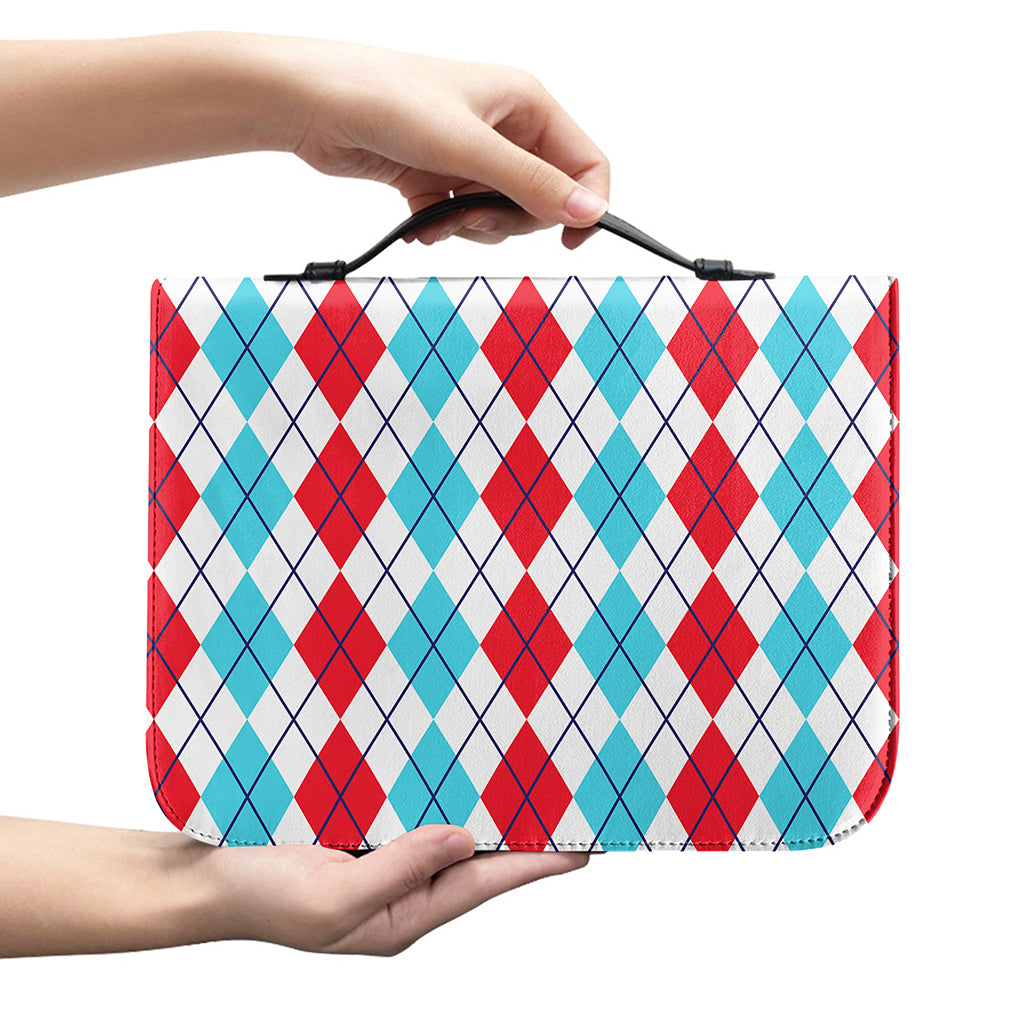 Red And Blue Argyle Pattern Print Leather Bible Cover