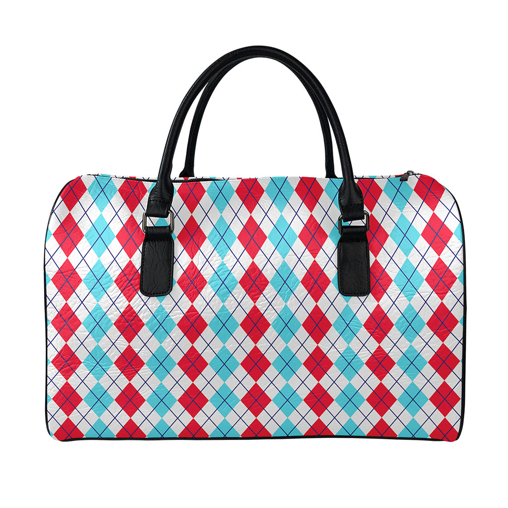 Red And Blue Argyle Pattern Print Leather Duffle Bag