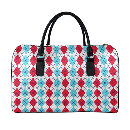 Red And Blue Argyle Pattern Print Leather Duffle Bag