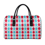 Red And Blue Argyle Pattern Print Leather Duffle Bag