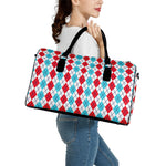 Red And Blue Argyle Pattern Print Leather Duffle Bag