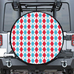 Red And Blue Argyle Pattern Print Leather Spare Tire Cover