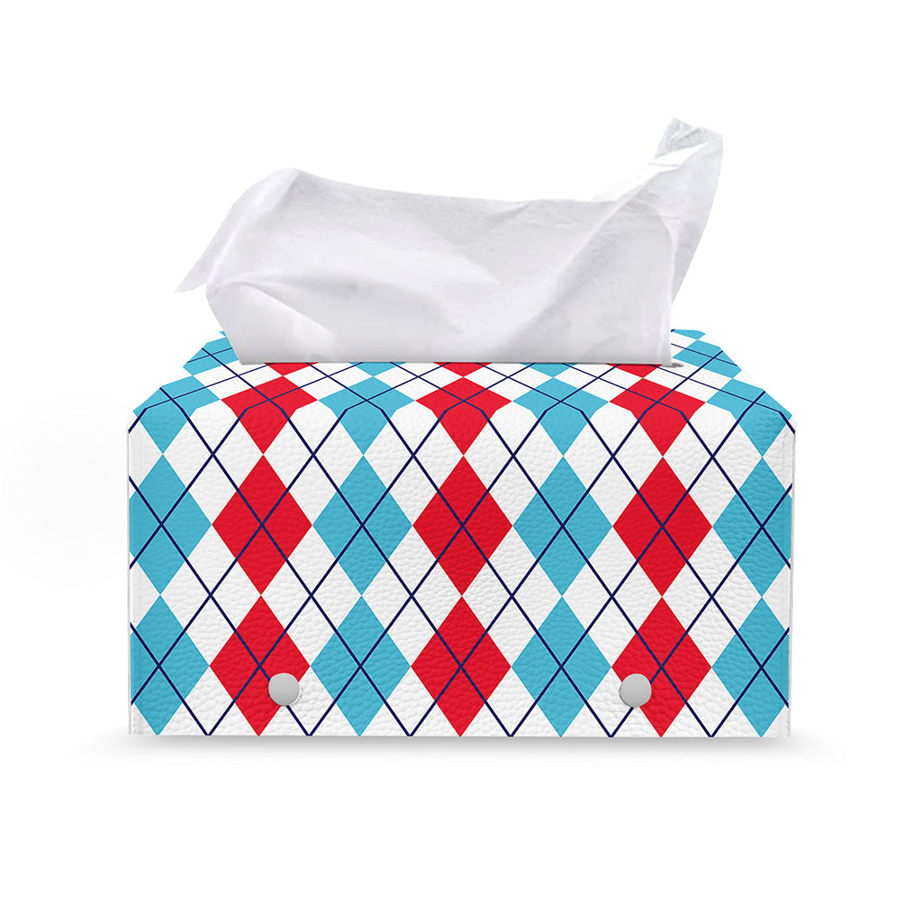 Red And Blue Argyle Pattern Print Leather Tissue Box Cover