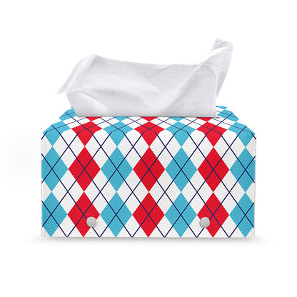 Red And Blue Argyle Pattern Print Leather Tissue Box Cover