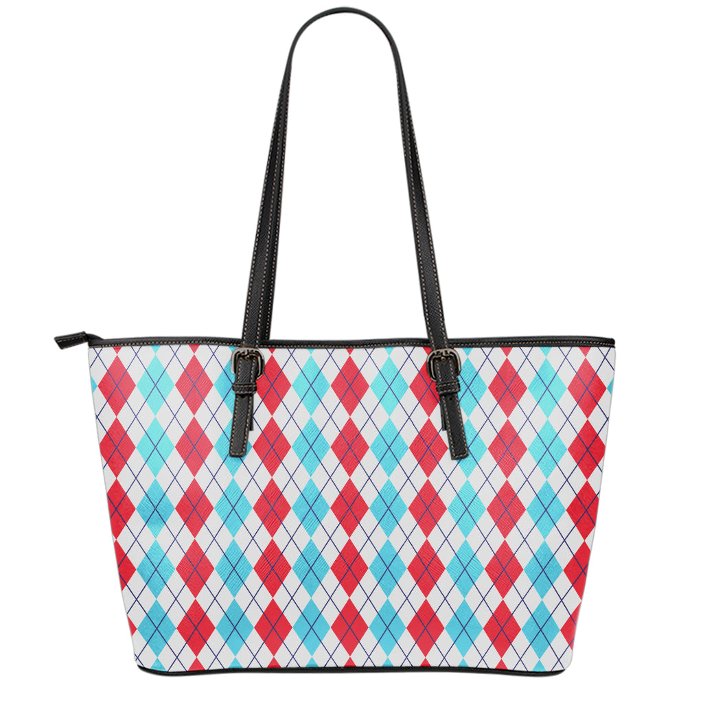 Red And Blue Argyle Pattern Print Leather Tote Bag