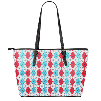 Red And Blue Argyle Pattern Print Leather Tote Bag