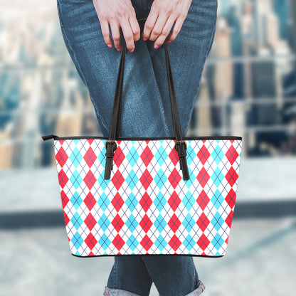 Red And Blue Argyle Pattern Print Leather Tote Bag