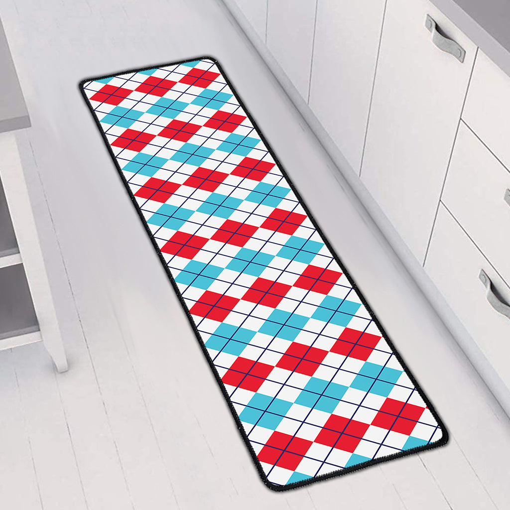 Red And Blue Argyle Pattern Print Long Kitchen Mat