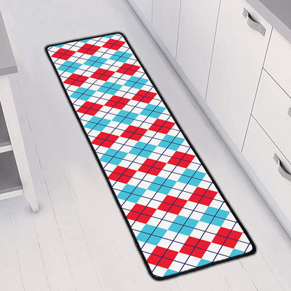 Red And Blue Argyle Pattern Print Long Kitchen Mat