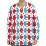 Red And Blue Argyle Pattern Print Long Sleeve Baseball Jersey