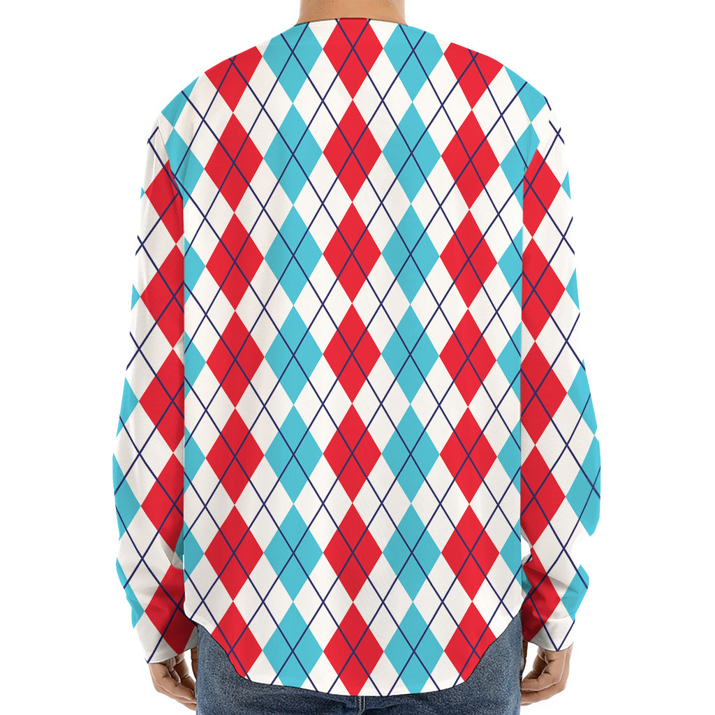 Red And Blue Argyle Pattern Print Long Sleeve Baseball Jersey