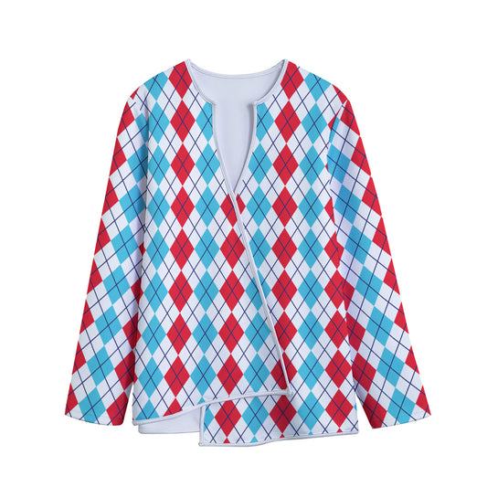 Red And Blue Argyle Pattern Print Long Sleeve Short Coat
