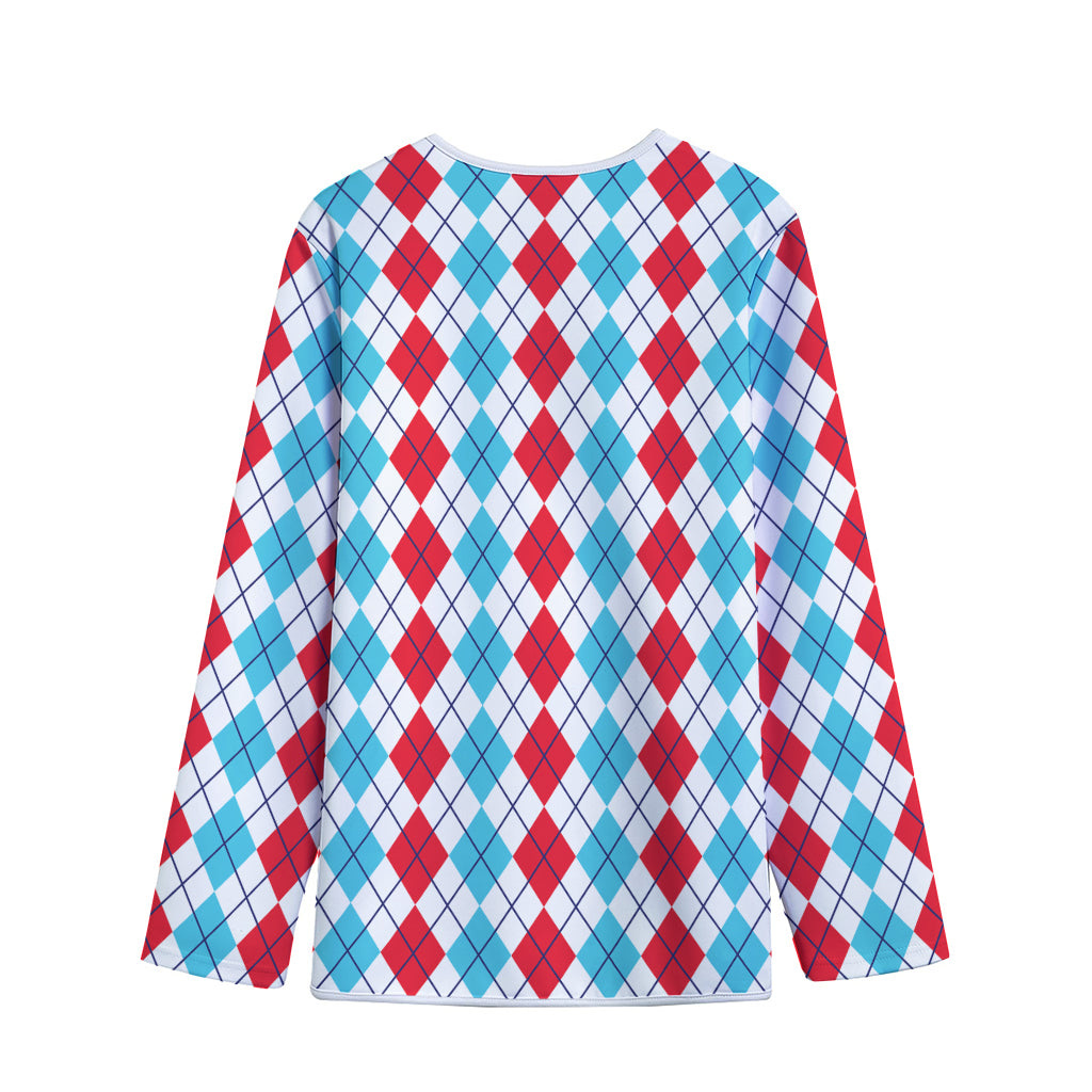 Red And Blue Argyle Pattern Print Long Sleeve Short Coat