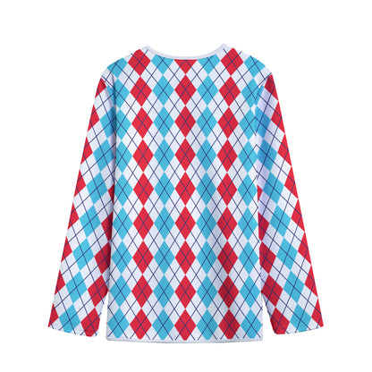 Red And Blue Argyle Pattern Print Long Sleeve Short Coat