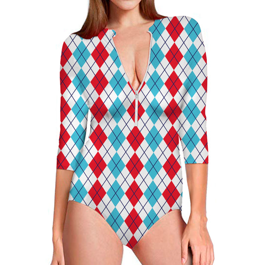 Red And Blue Argyle Pattern Print Long Sleeve Swimsuit