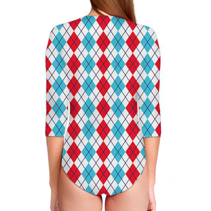Red And Blue Argyle Pattern Print Long Sleeve Swimsuit