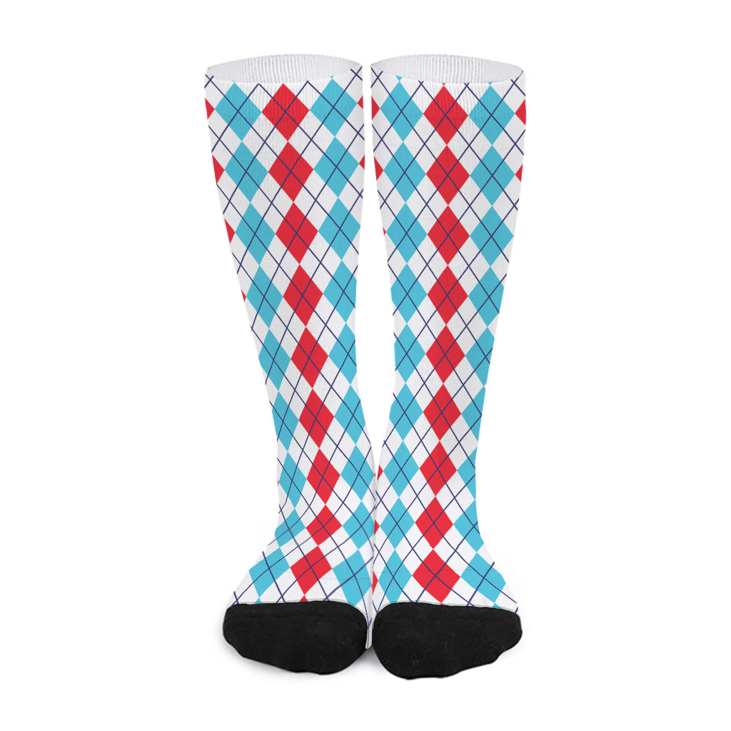 Red And Blue Argyle Pattern Print Long Socks