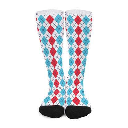 Red And Blue Argyle Pattern Print Long Socks